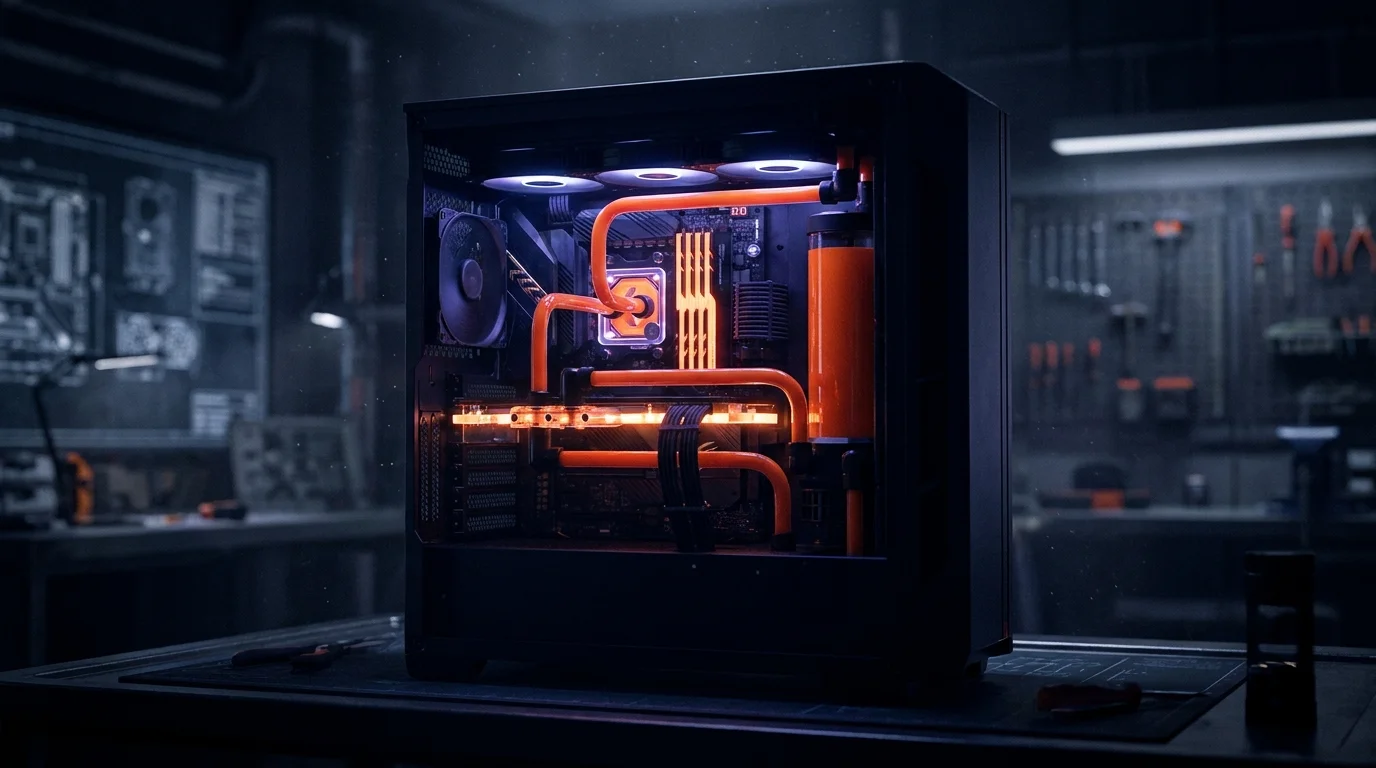 Custom water-cooled PC on a workshop bench